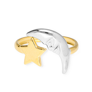 Roestvrij stalen (RVS) Stainless steel ringen ster en maan Gold-silver