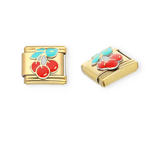 Roestvrij stalen (RVS) Stainless steel Italian charms losse schakels kersen Gold-red-green