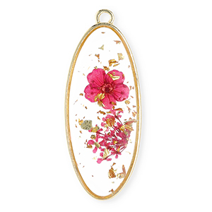 Bedels met gedroogde bloemetjes langwerpig ovaal Gold-cherry pink