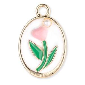 Bedels metaal ovaal met tulp met parel Gold-white-green-light pink