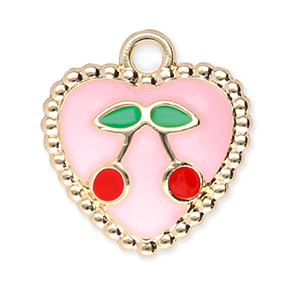 Bedels metaal hart met kersen Gold-light pink-red-green