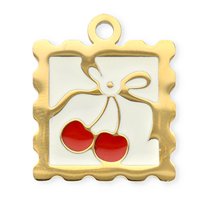 Roestvrij stalen (RVS) Stainless steel bedels vierkant met kersen Gold-red-white