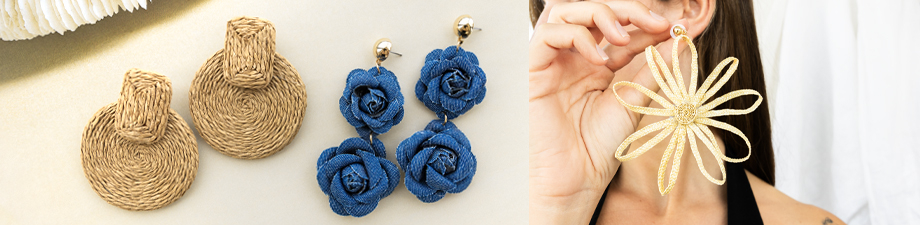 Statement raffia en denim oorbellen Statement raffia en denim oorbellen